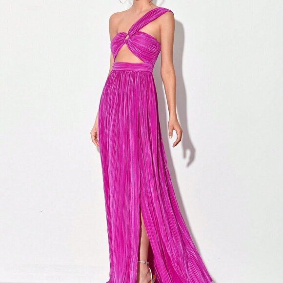 Red Violet Sexy Women's One Shoulder Ring Ruched Front Cut Out Split Thigh Dress - Picture 6 of 6